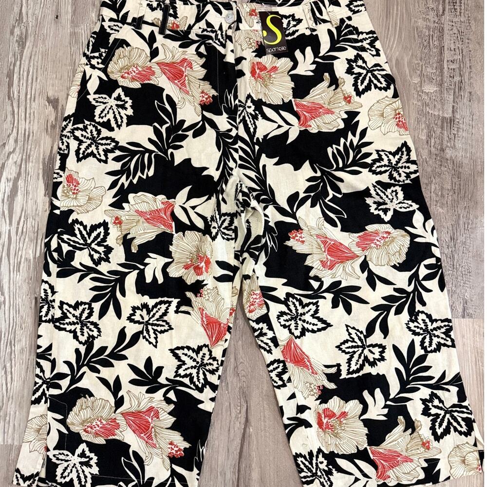 Sportelle NWT Women’s Floral Print Pants Black Cream Coral Size Small